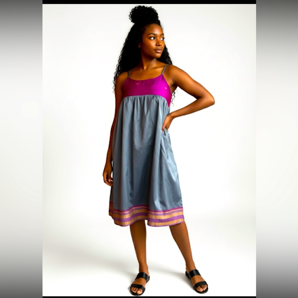 Black Market Silk Spaghetti Strap Midi Sundress Magenta Grey Print Size S